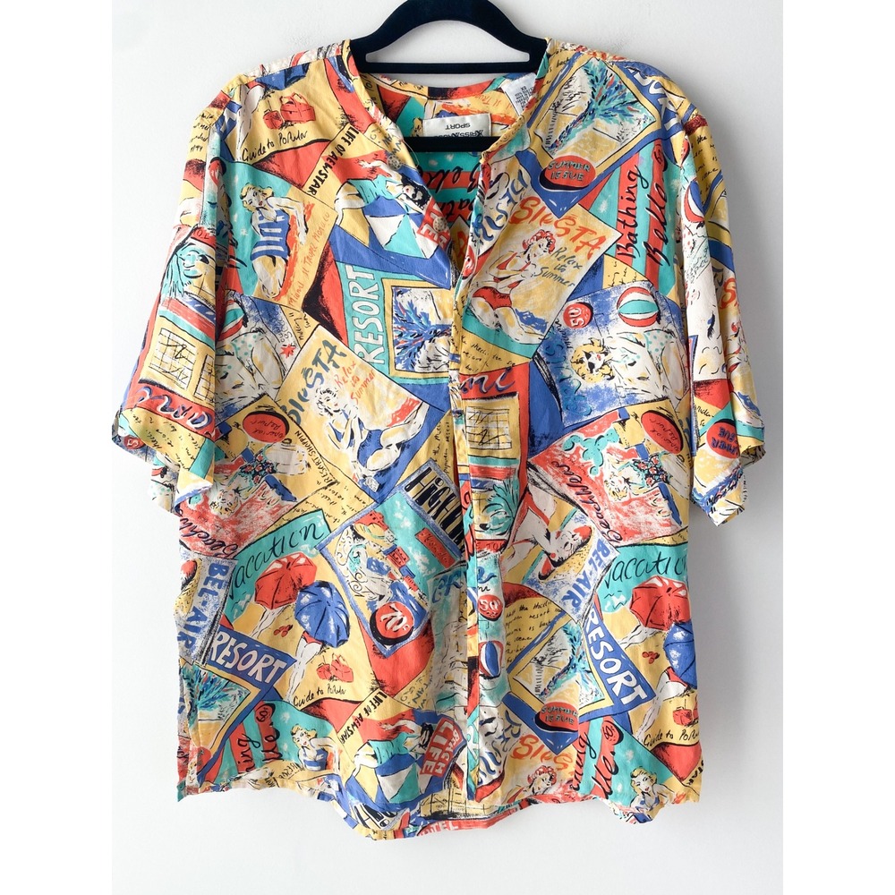 Kriss Kross Sport Womens XS 100% Silk Vintage Postcard Tropical Resort Shirt 90s